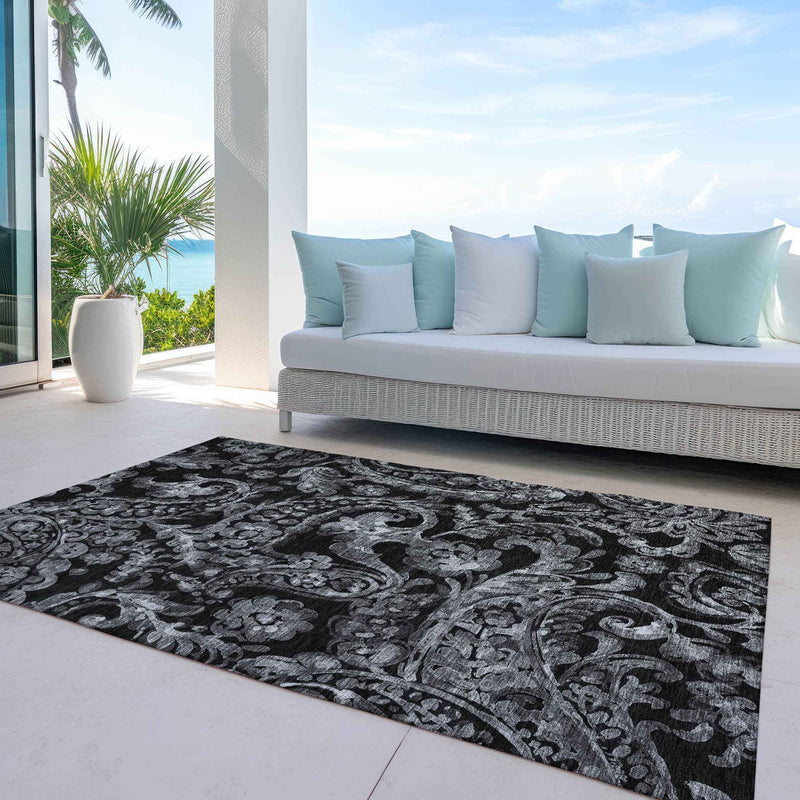 8' X 10' Black Gray And Charcoal Paisley Washable Indoor Outdoor Area Rug