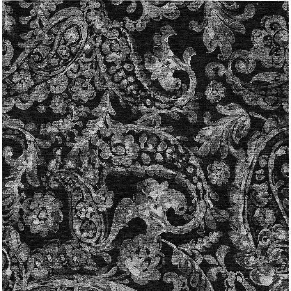 8' X 10' Black Gray And Charcoal Paisley Washable Indoor Outdoor Area Rug