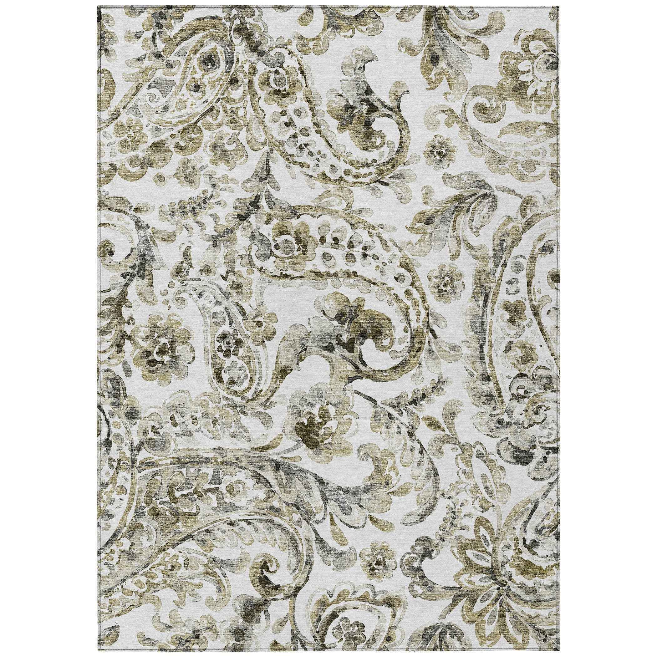 5' X 8' Brown Ivory And Tan Paisley Washable Indoor Outdoor Area Rug