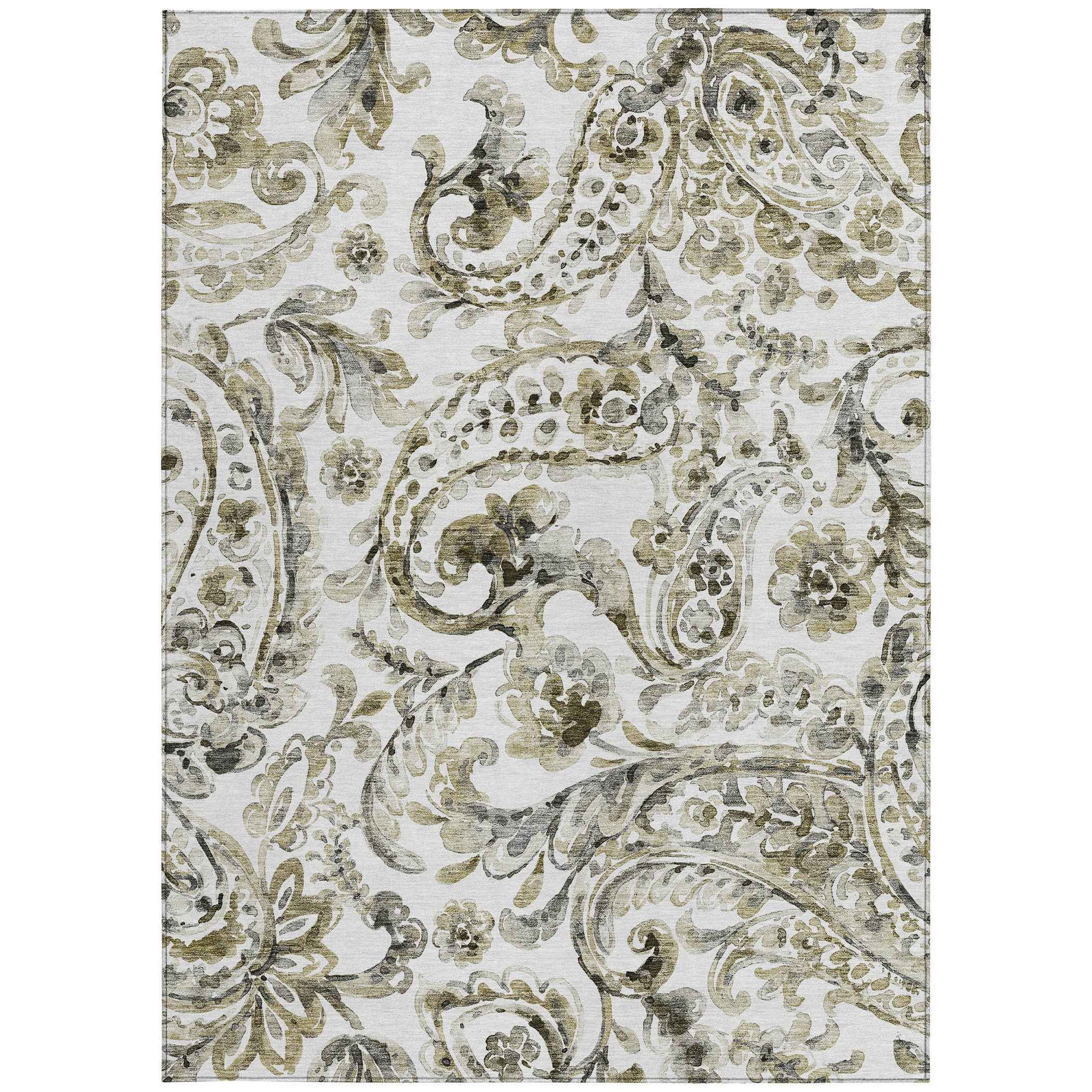 5' X 8' Brown Ivory And Tan Paisley Washable Indoor Outdoor Area Rug