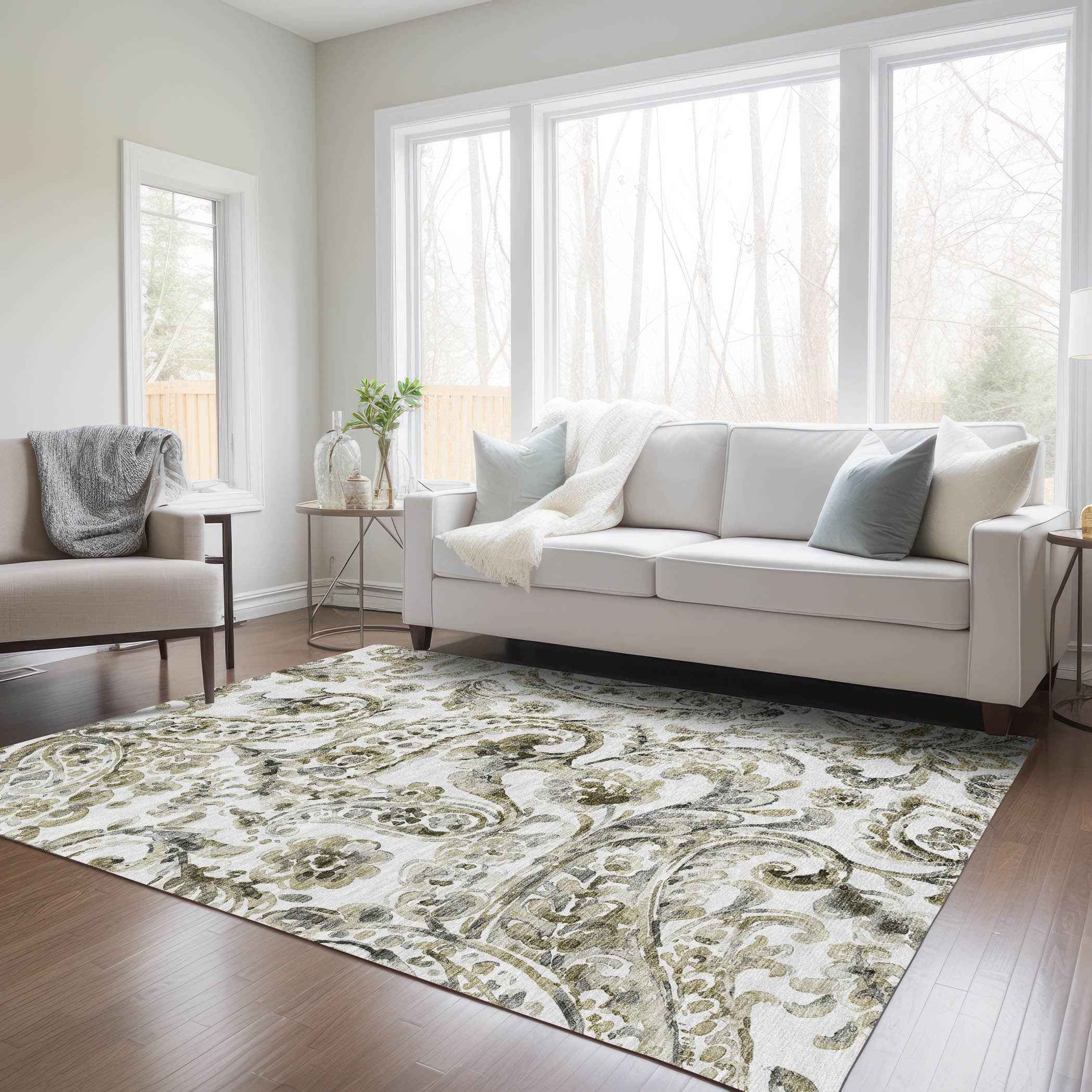 5' X 8' Brown Ivory And Tan Paisley Washable Indoor Outdoor Area Rug