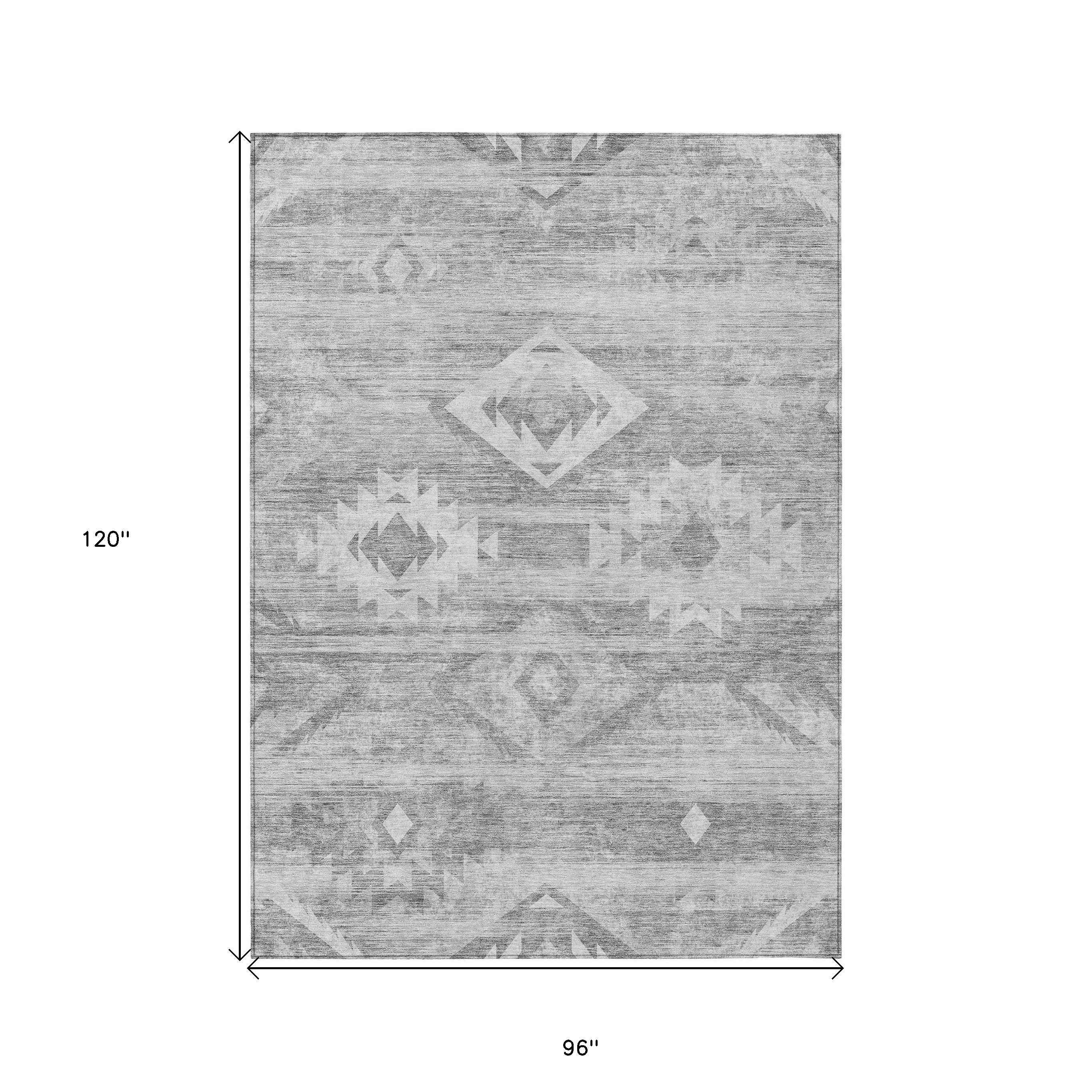 8' X 10' Silver Gray And Charcoal Southwestern Washable Indoor Outdoor Area Rug