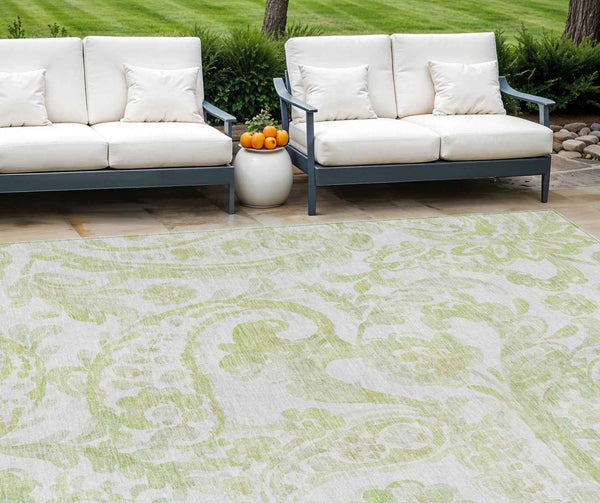 9' X 12' Sage Green And Ivory Paisley Washable Indoor Outdoor Area Rug