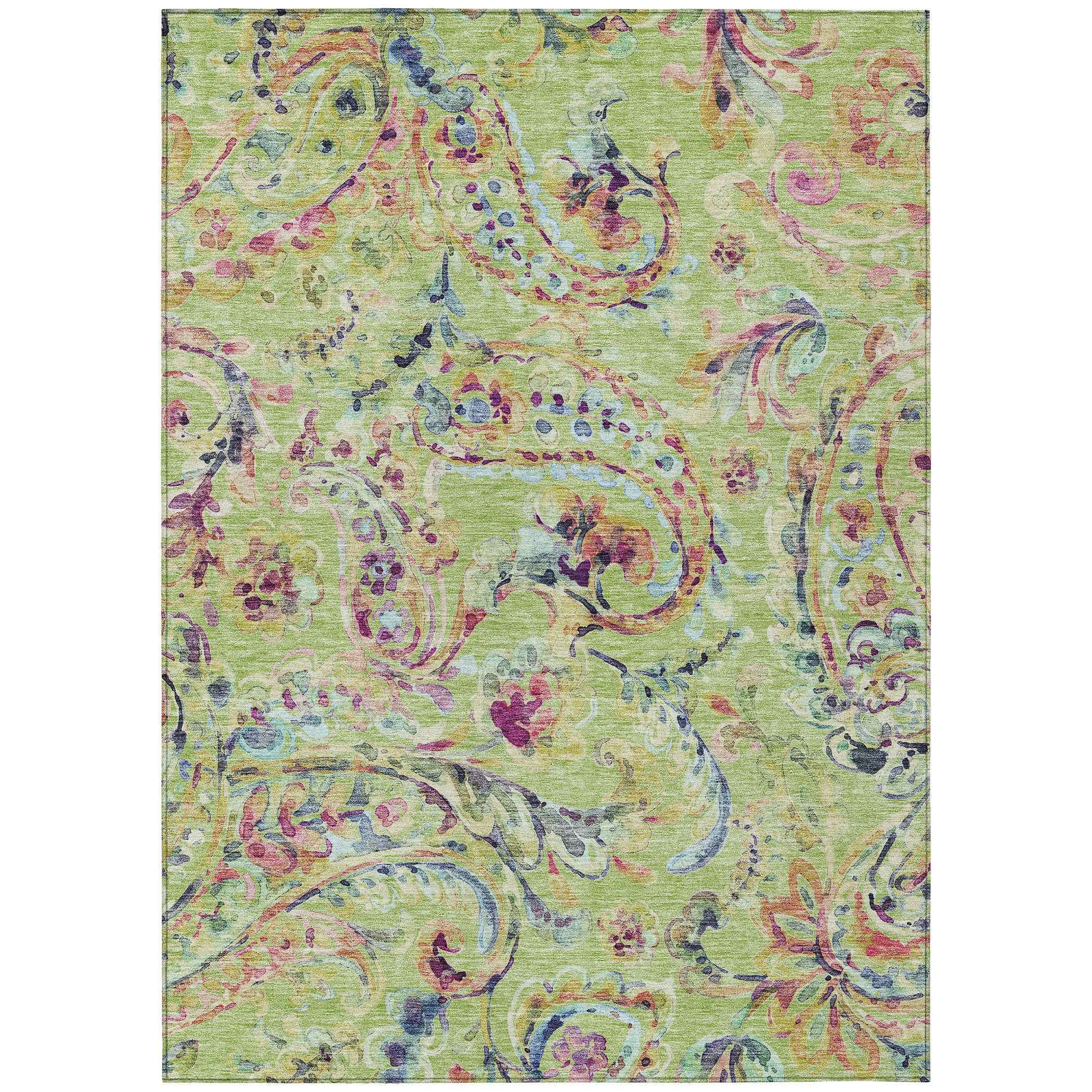 10' X 14' Artichoke Green And Pink Paisley Washable Indoor Outdoor Area Rug