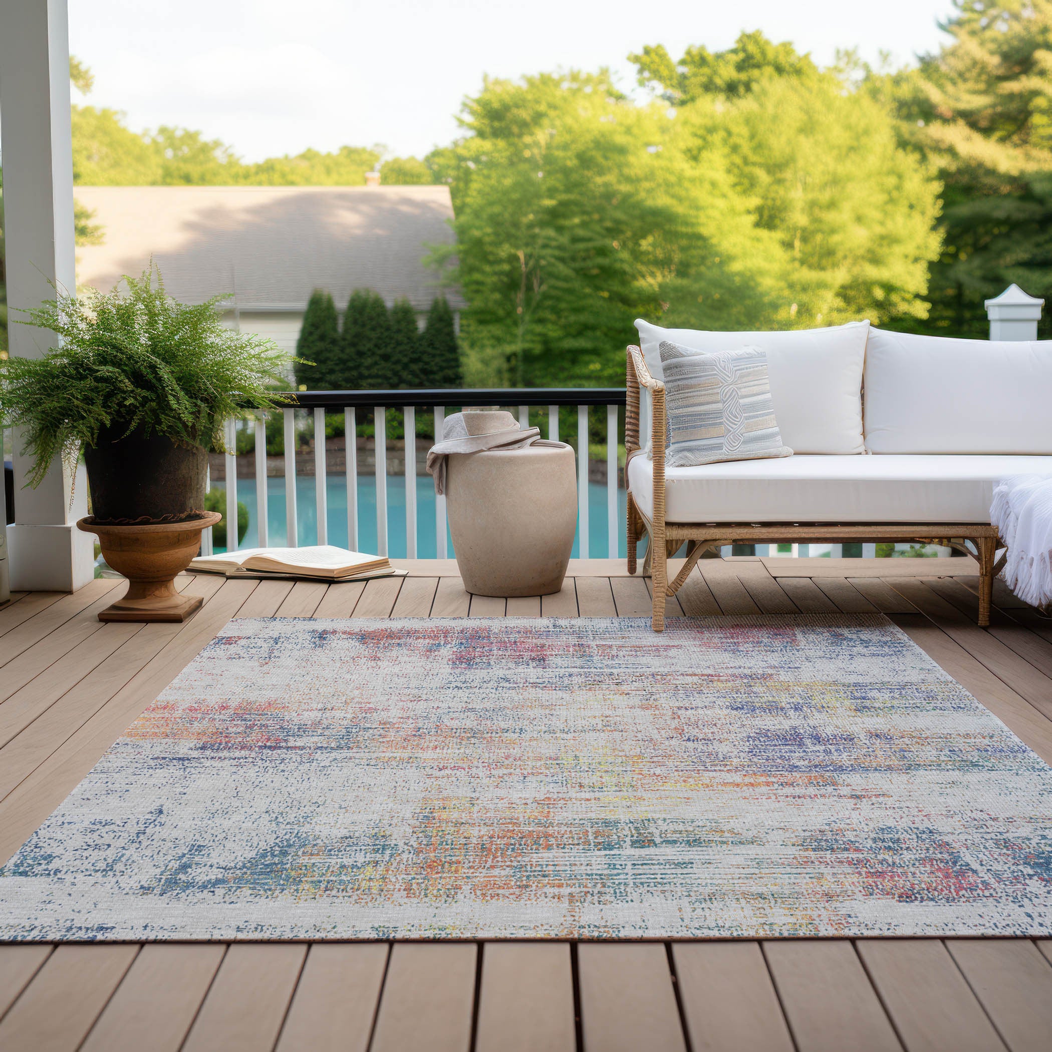 10' X 14' Ivory Orange And Blush Abstract Washable Indoor Outdoor Area Rug