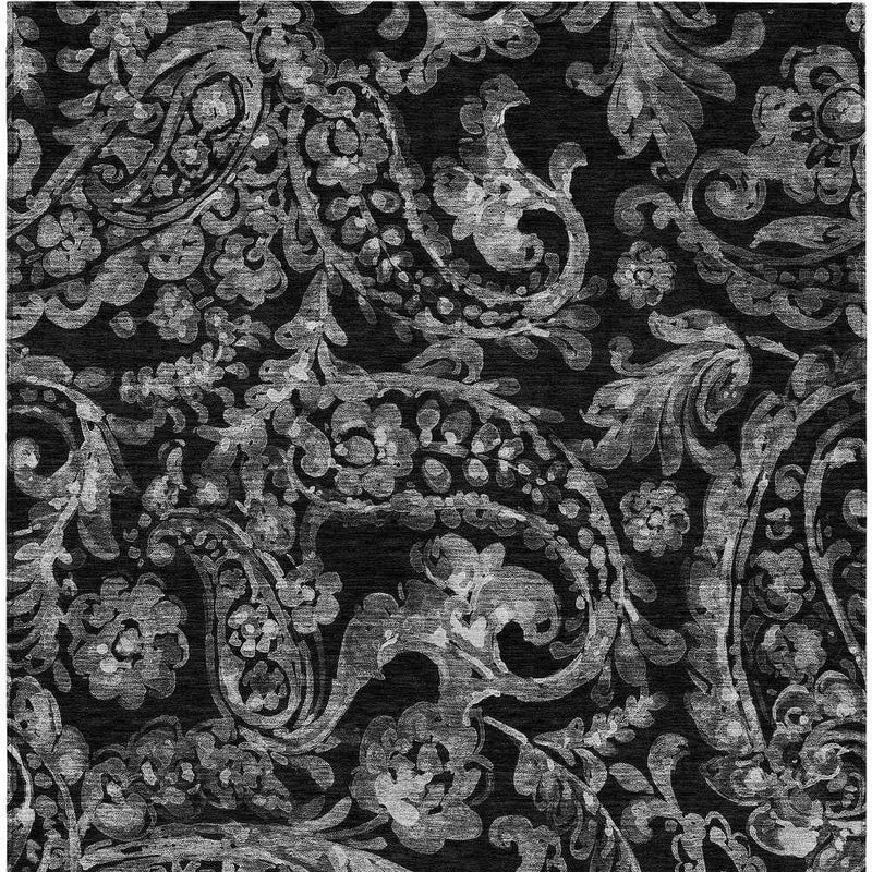 9' X 12' Black Gray And Charcoal Paisley Washable Indoor Outdoor Area Rug