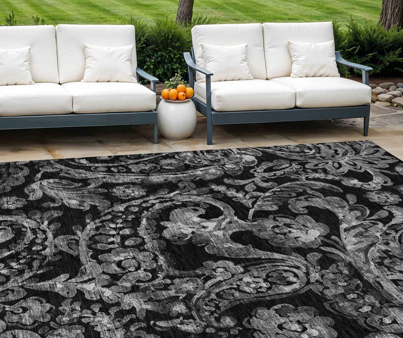 9' X 12' Black Gray And Charcoal Paisley Washable Indoor Outdoor Area Rug