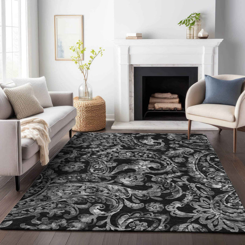 9' X 12' Black Gray And Charcoal Paisley Washable Indoor Outdoor Area Rug