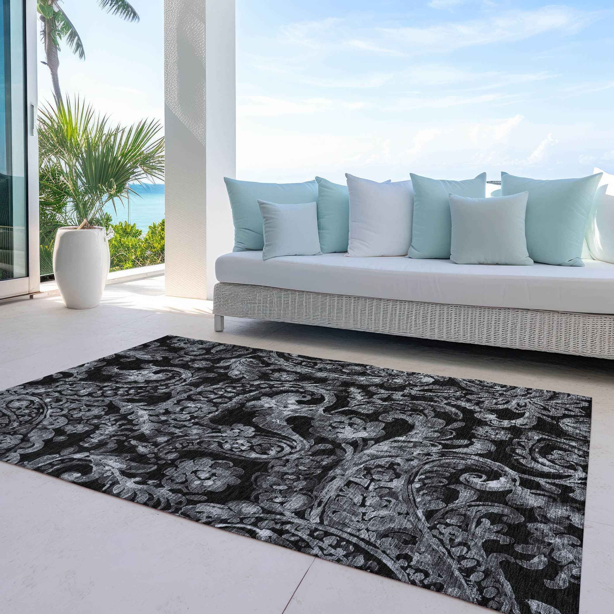 9' X 12' Black Gray And Charcoal Paisley Washable Indoor Outdoor Area Rug