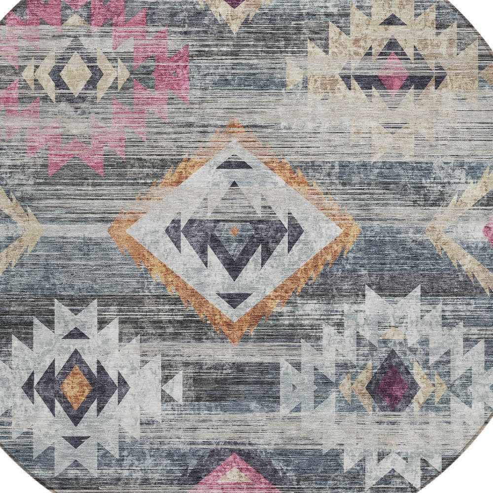 8' Gray Charcoal And Silver Round Southwestern Washable Indoor Outdoor Area Rug