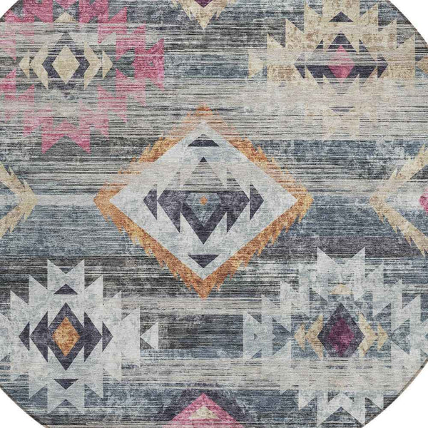8' Gray Charcoal And Silver Round Southwestern Washable Indoor Outdoor Area Rug