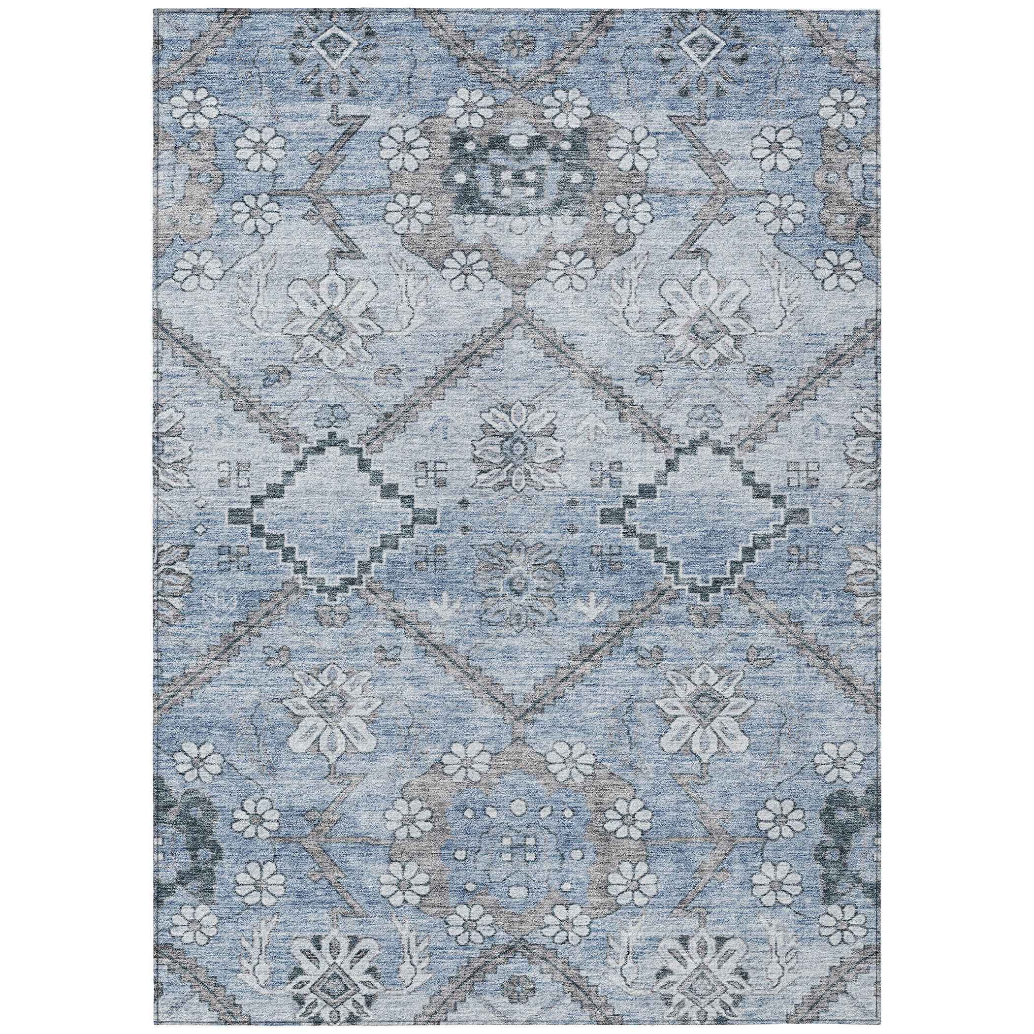 3' X 5' Sky Blue And Denim Blue Floral Washable Indoor Outdoor Area Rug
