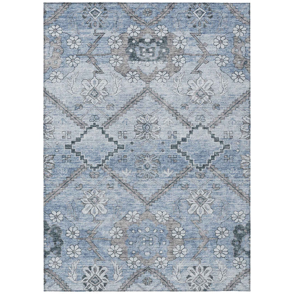 3' X 5' Sky Blue And Denim Blue Floral Washable Indoor Outdoor Area Rug