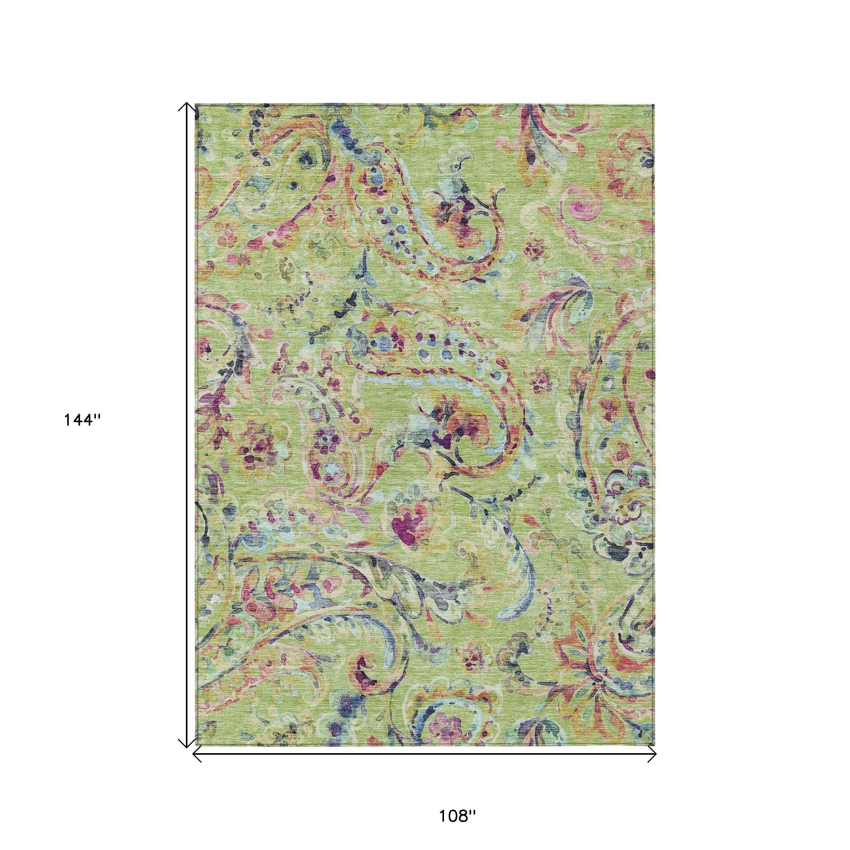 9' X 12' Artichoke Green And Pink Paisley Washable Indoor Outdoor Area Rug