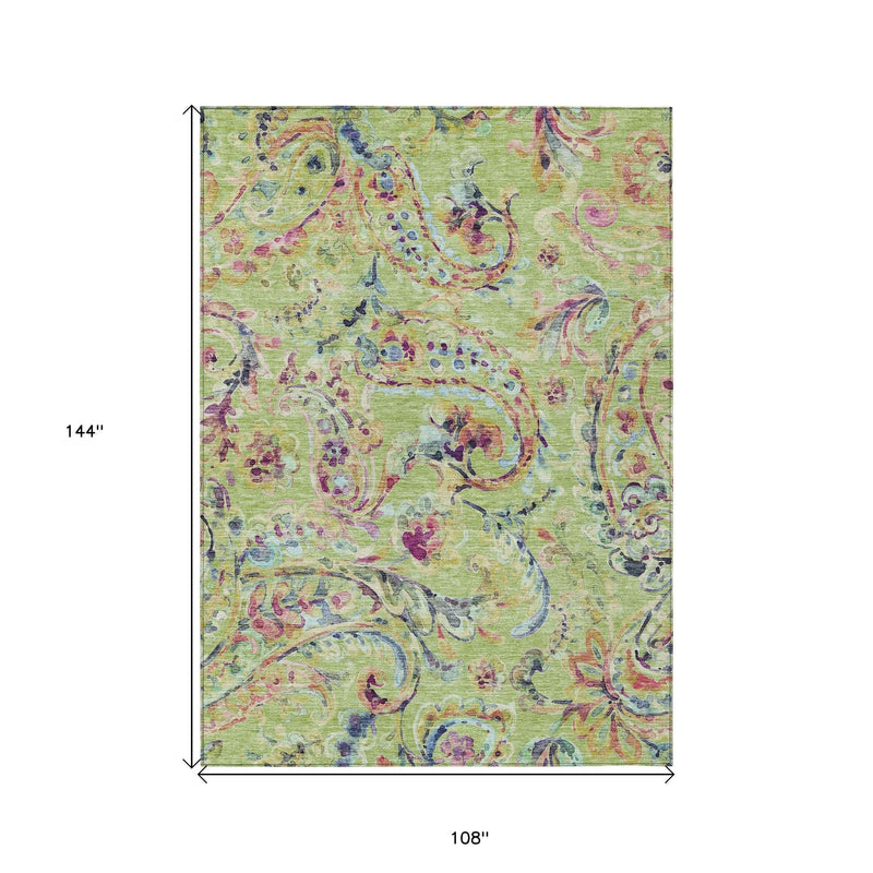 9' X 12' Artichoke Green And Pink Paisley Washable Indoor Outdoor Area Rug