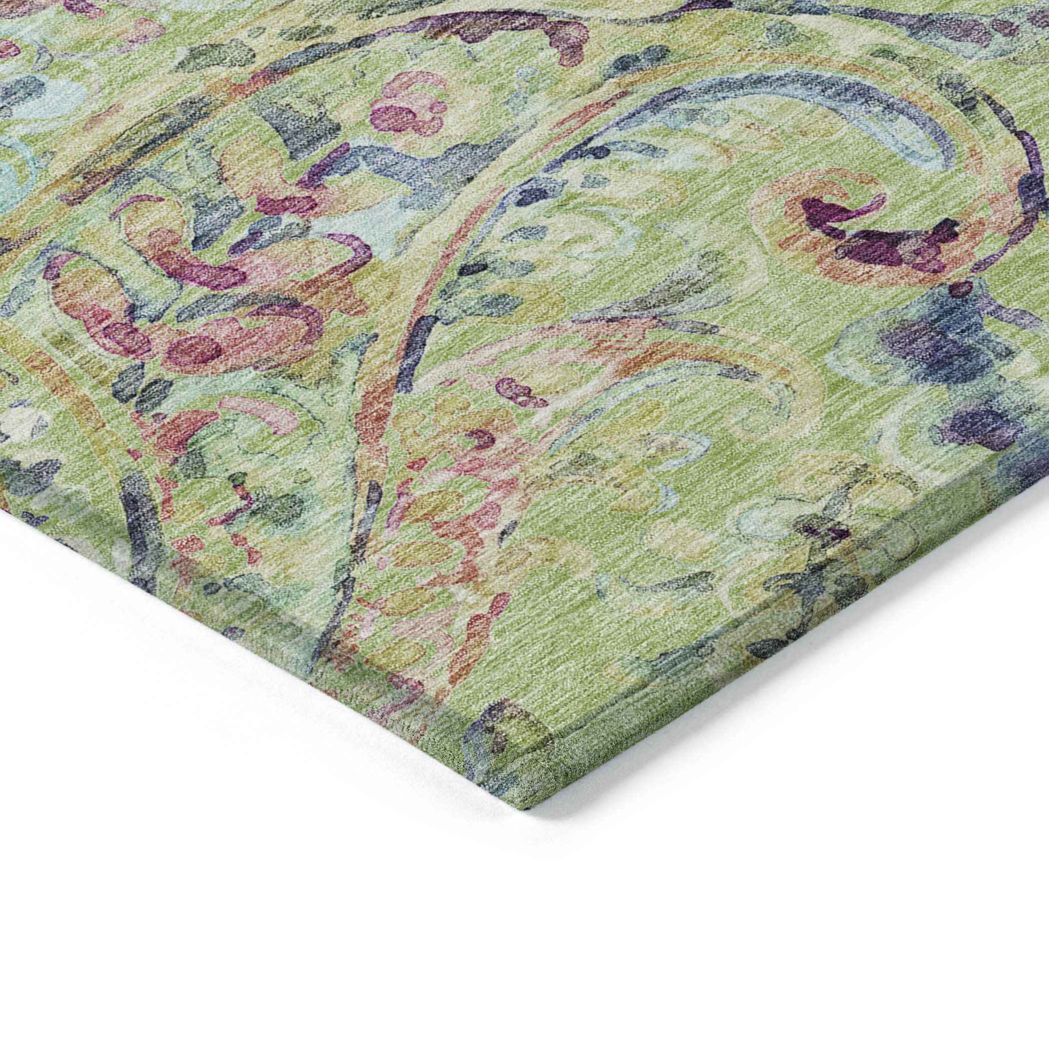 9' X 12' Artichoke Green And Pink Paisley Washable Indoor Outdoor Area Rug