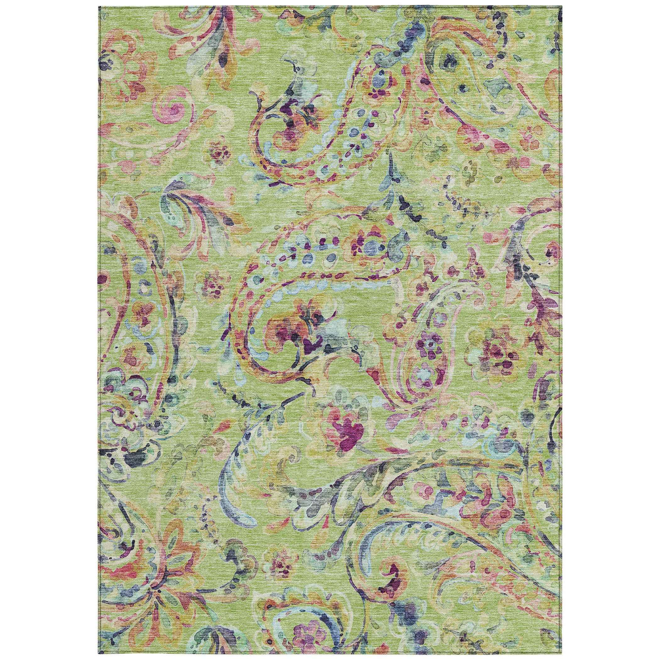 9' X 12' Artichoke Green And Pink Paisley Washable Indoor Outdoor Area Rug