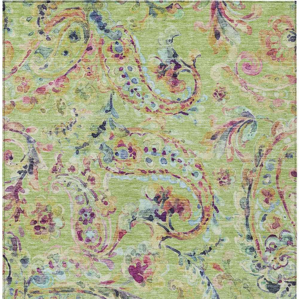 9' X 12' Artichoke Green And Pink Paisley Washable Indoor Outdoor Area Rug