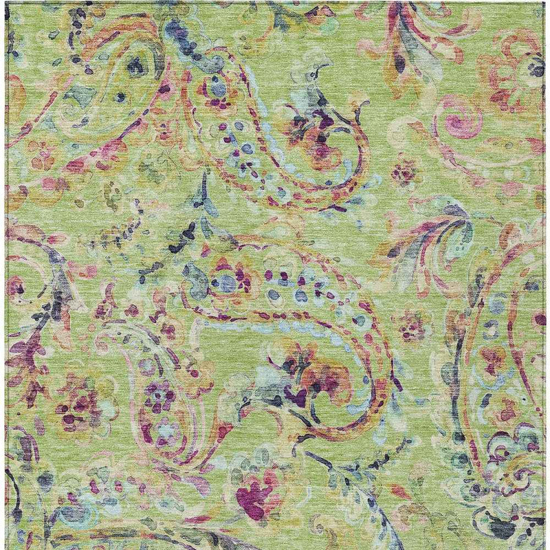 9' X 12' Artichoke Green And Pink Paisley Washable Indoor Outdoor Area Rug