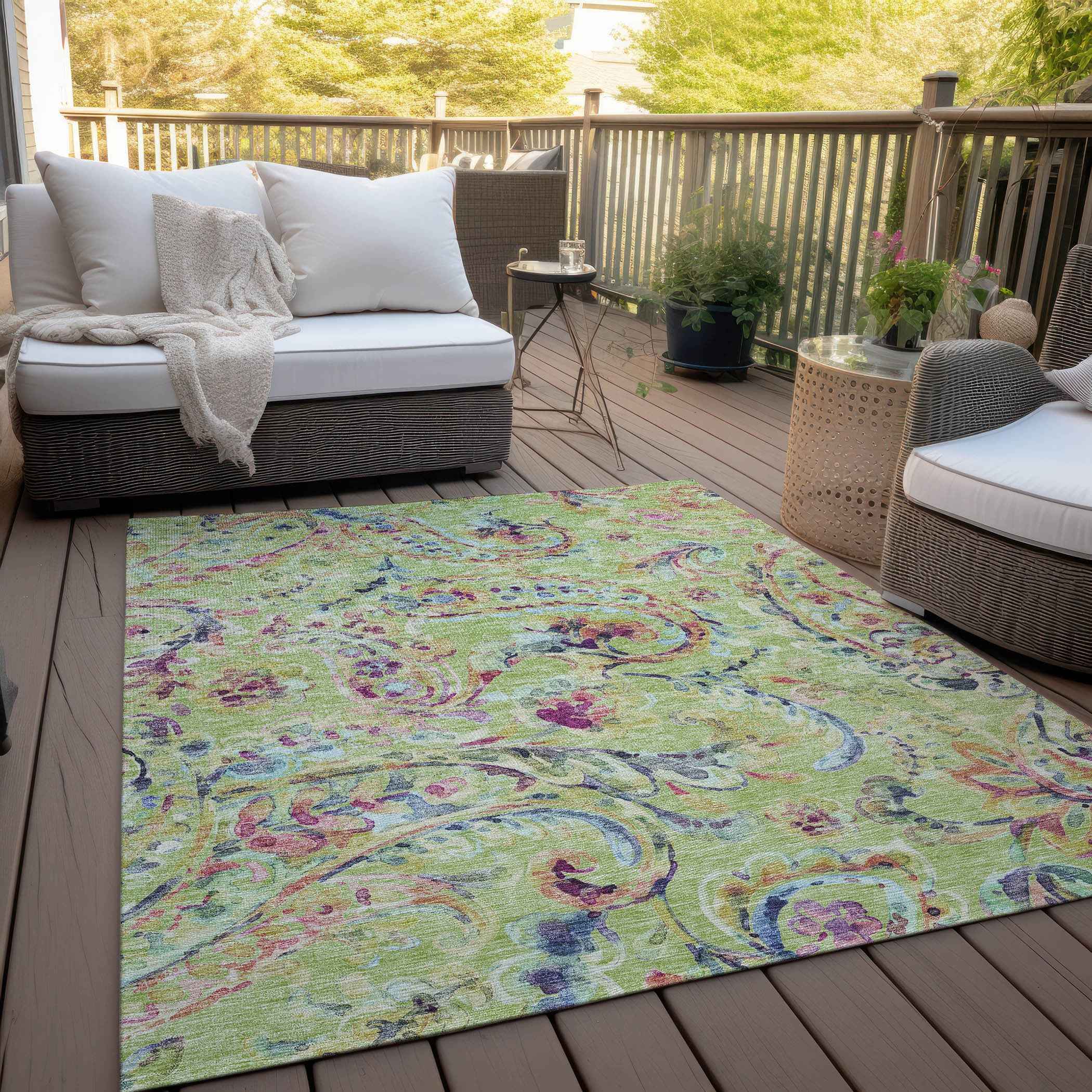9' X 12' Artichoke Green And Pink Paisley Washable Indoor Outdoor Area Rug