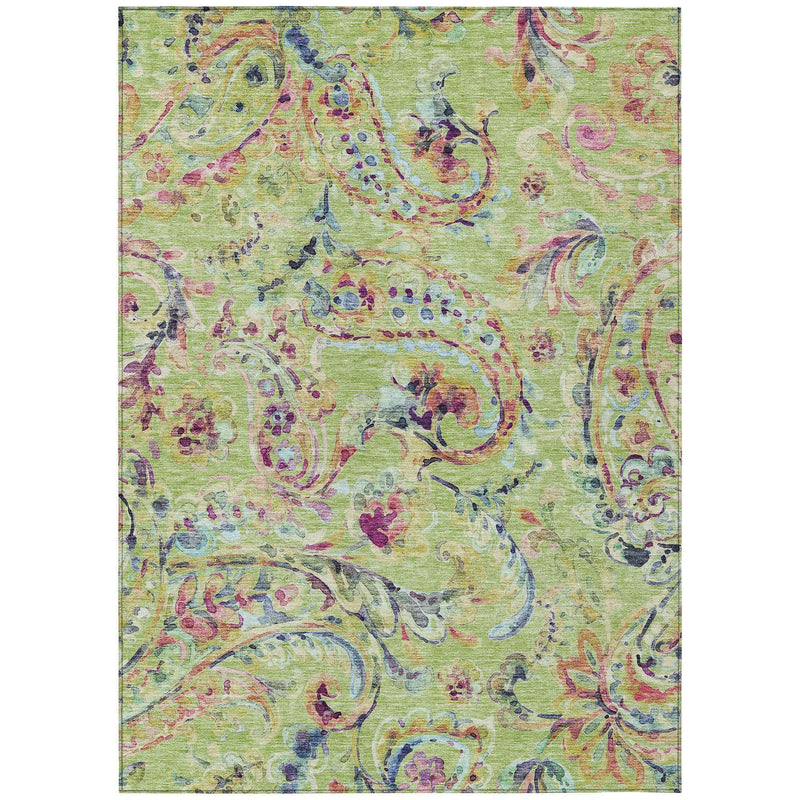 9' X 12' Artichoke Green And Pink Paisley Washable Indoor Outdoor Area Rug