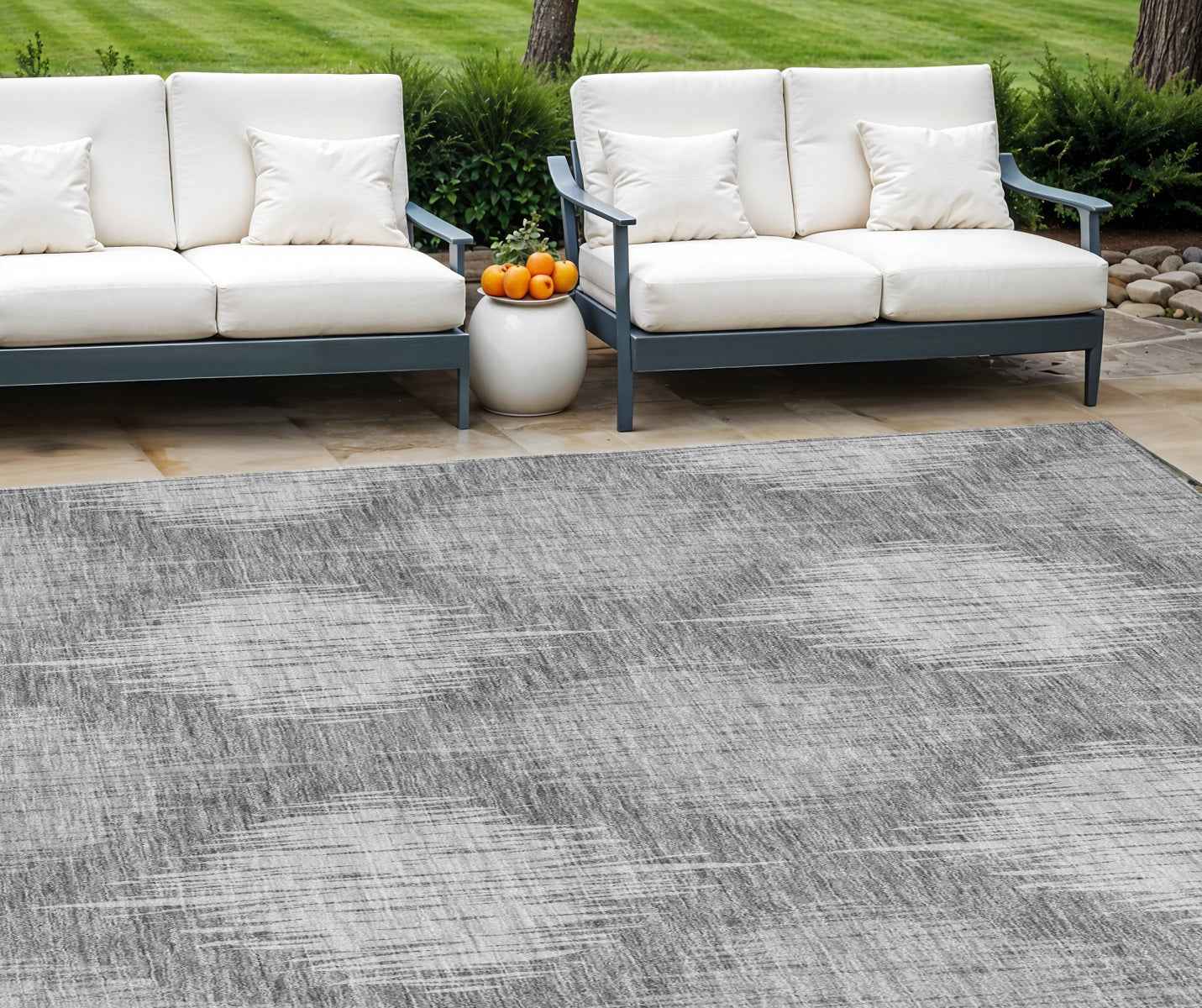 8' X 10' Gray Silver And Charcoal Ikat Washable Indoor Outdoor Area Rug