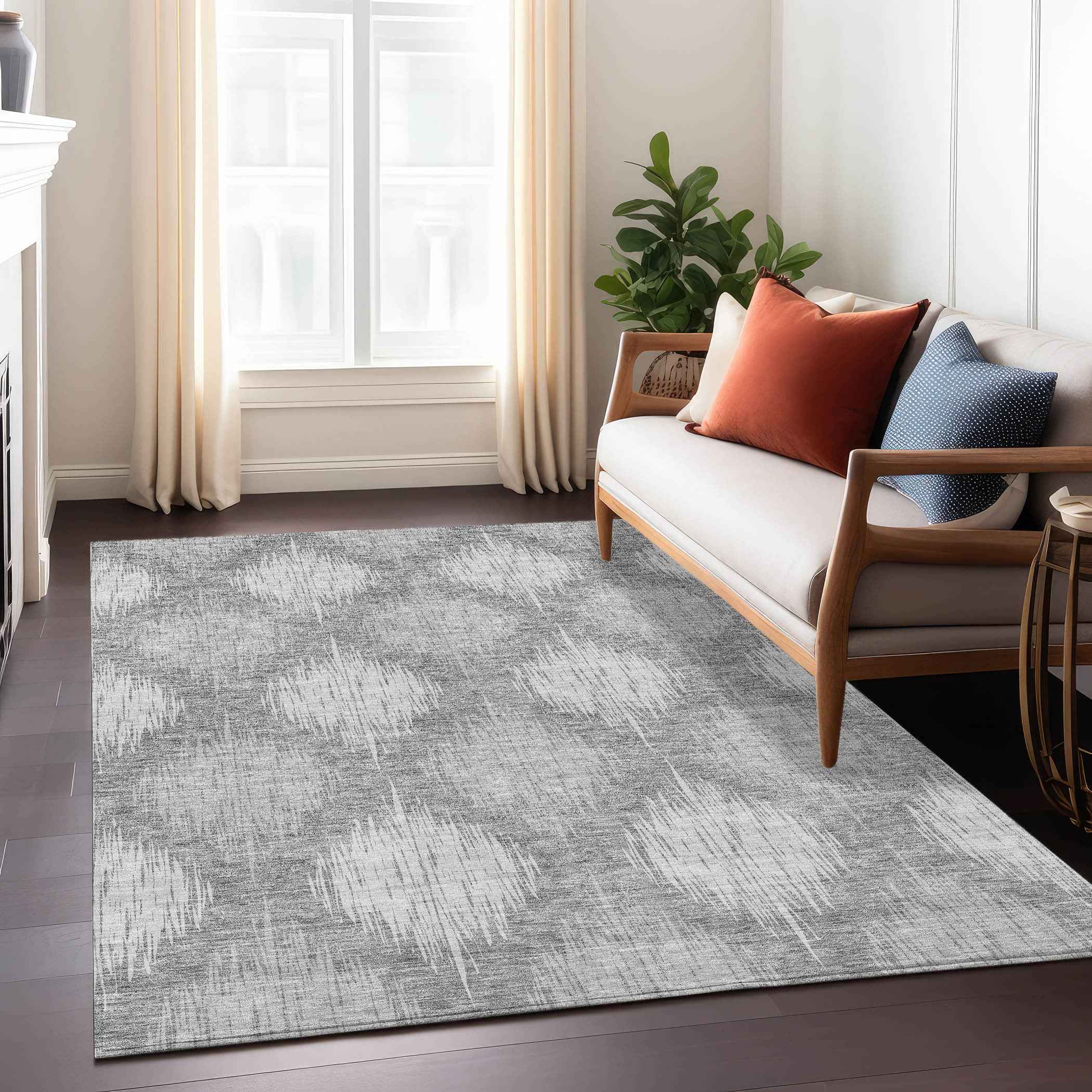 3' X 5' Gray Silver And Charcoal Ikat Washable Indoor Outdoor Area Rug