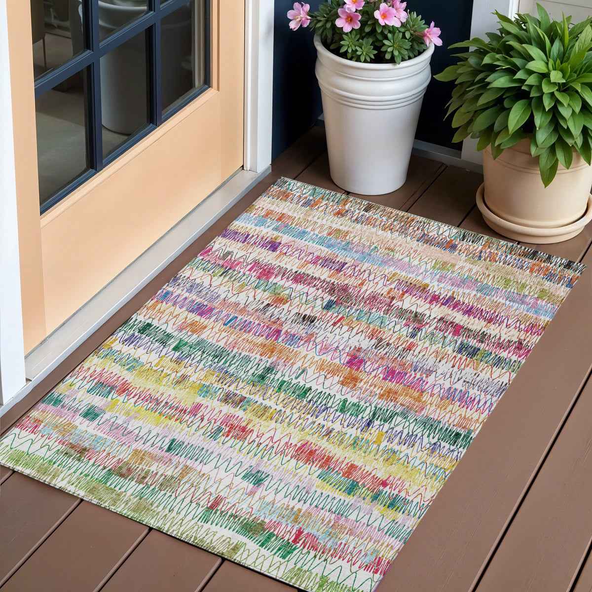 3' X 5' Green Ivory And Purple Striped Washable Indoor Outdoor Area Rug