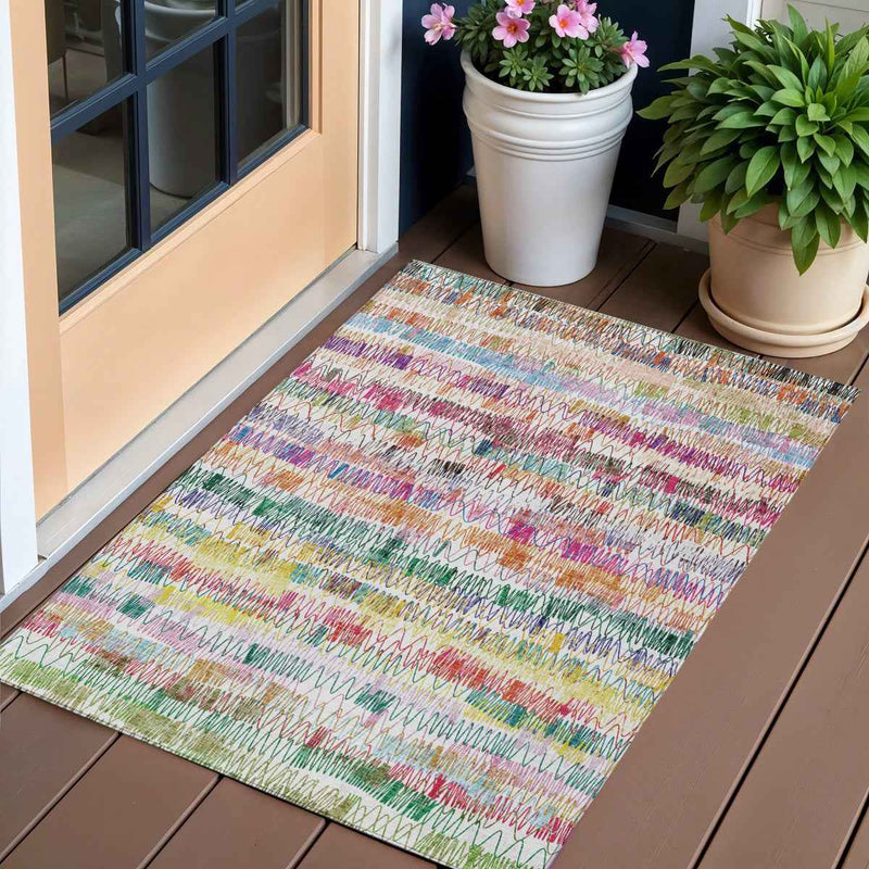 3' X 5' Green Ivory And Purple Striped Washable Indoor Outdoor Area Rug
