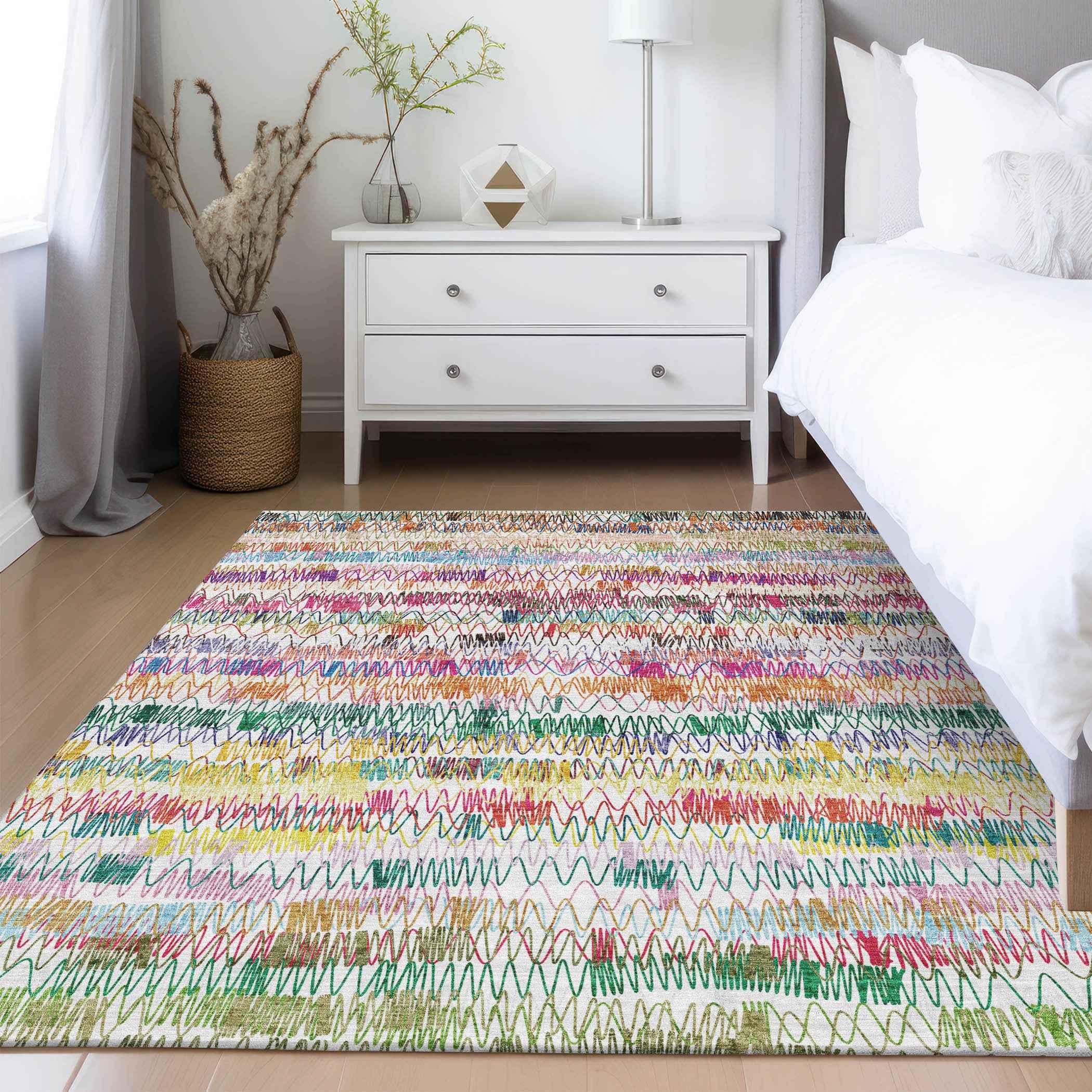 3' X 5' Green Ivory And Purple Striped Washable Indoor Outdoor Area Rug