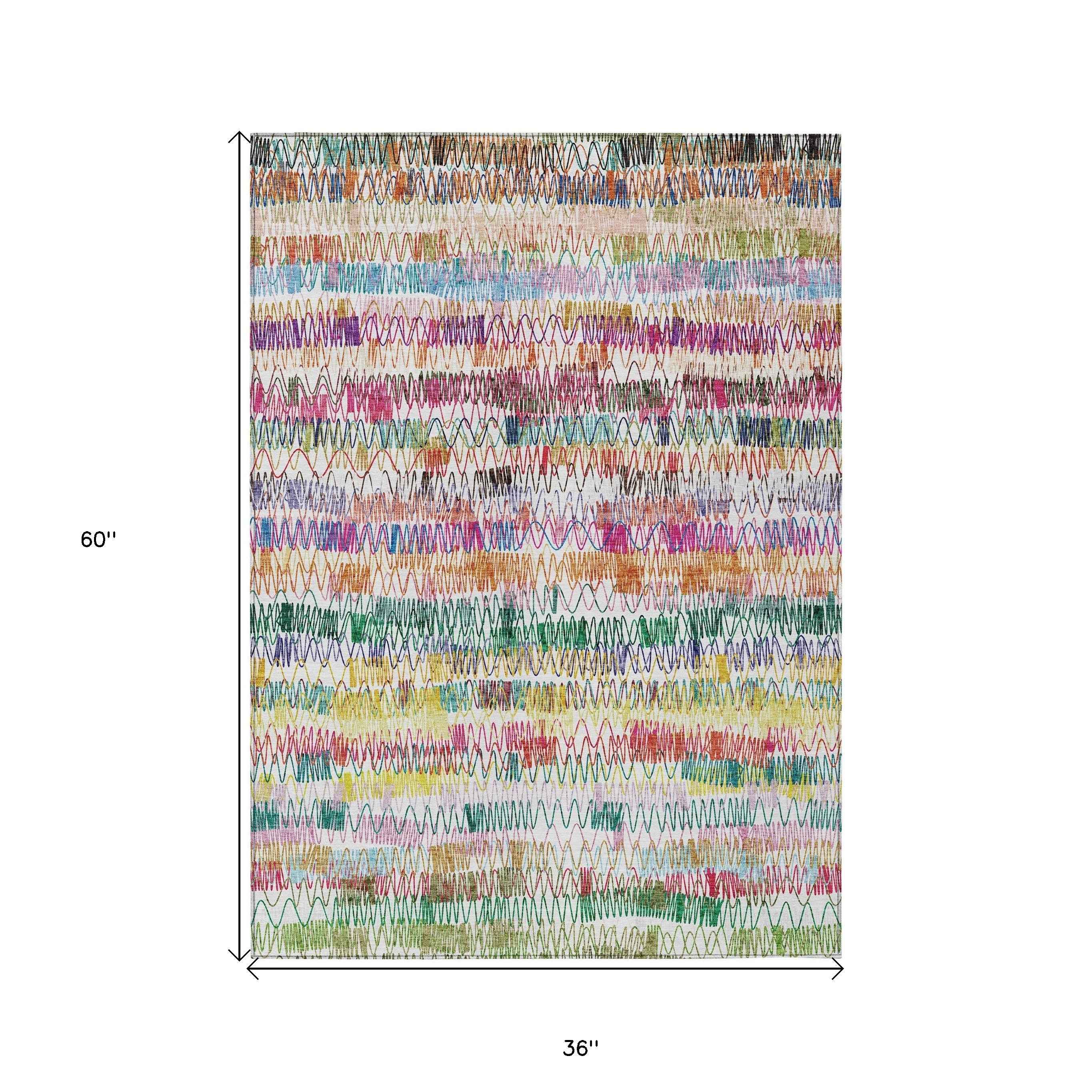 3' X 5' Green Ivory And Purple Striped Washable Indoor Outdoor Area Rug