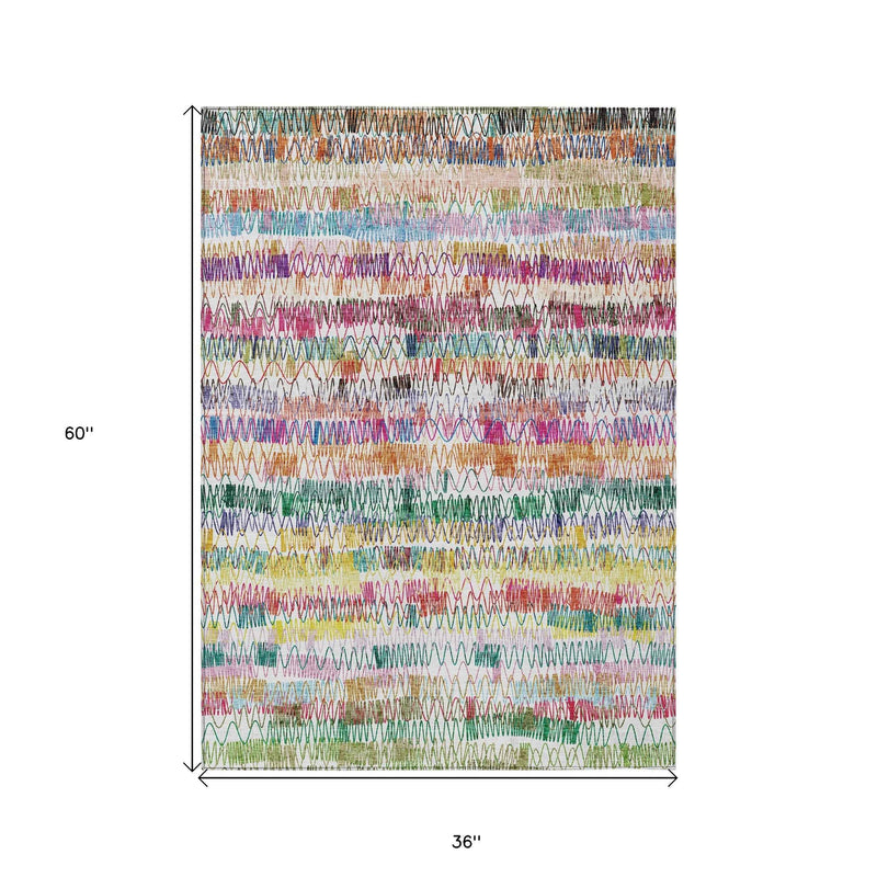 3' X 5' Green Ivory And Purple Striped Washable Indoor Outdoor Area Rug