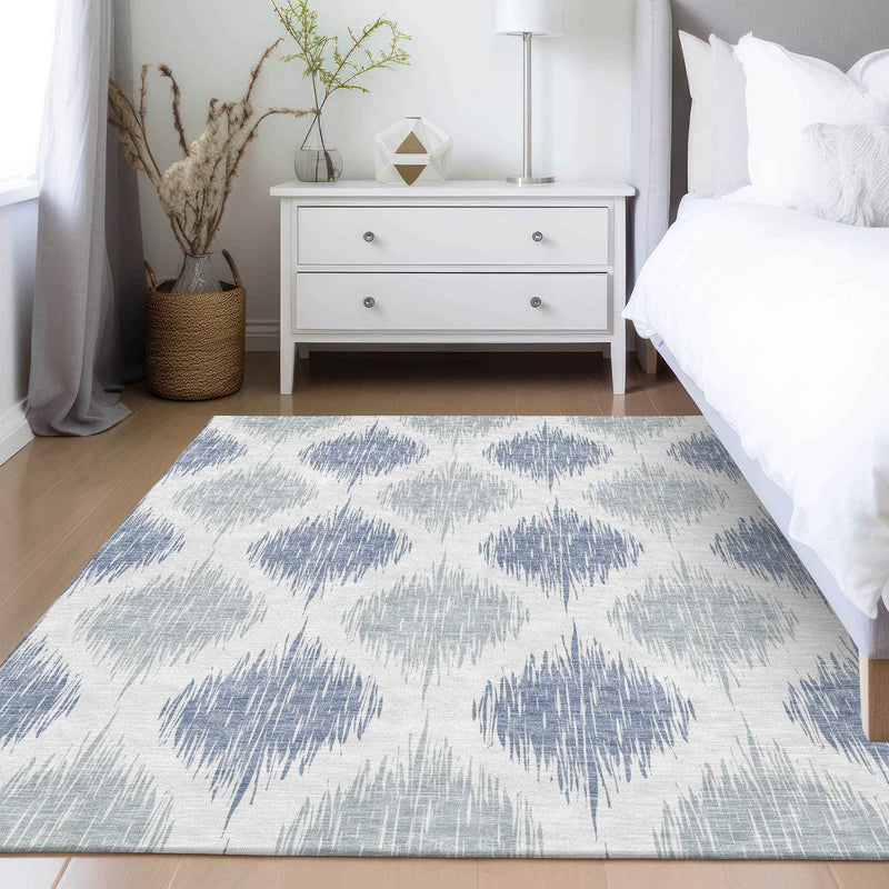 3' X 5' Sky Blue Ivory And Denim Blue Ikat Washable Indoor Outdoor Area Rug