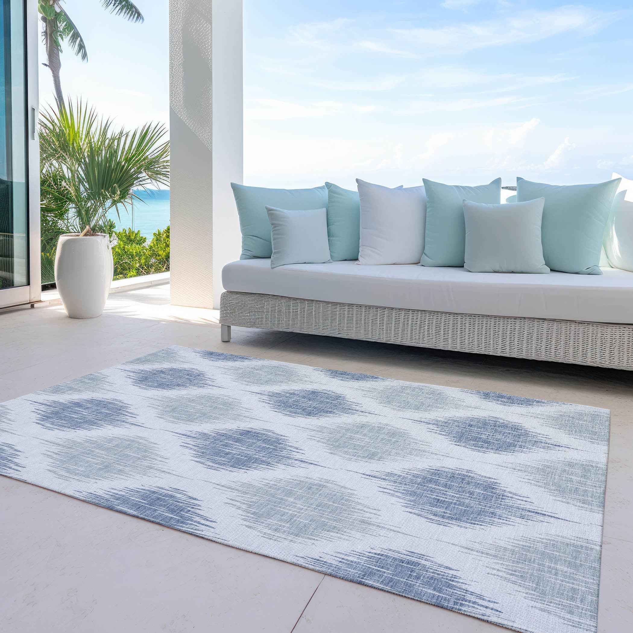 3' X 5' Sky Blue Ivory And Denim Blue Ikat Washable Indoor Outdoor Area Rug