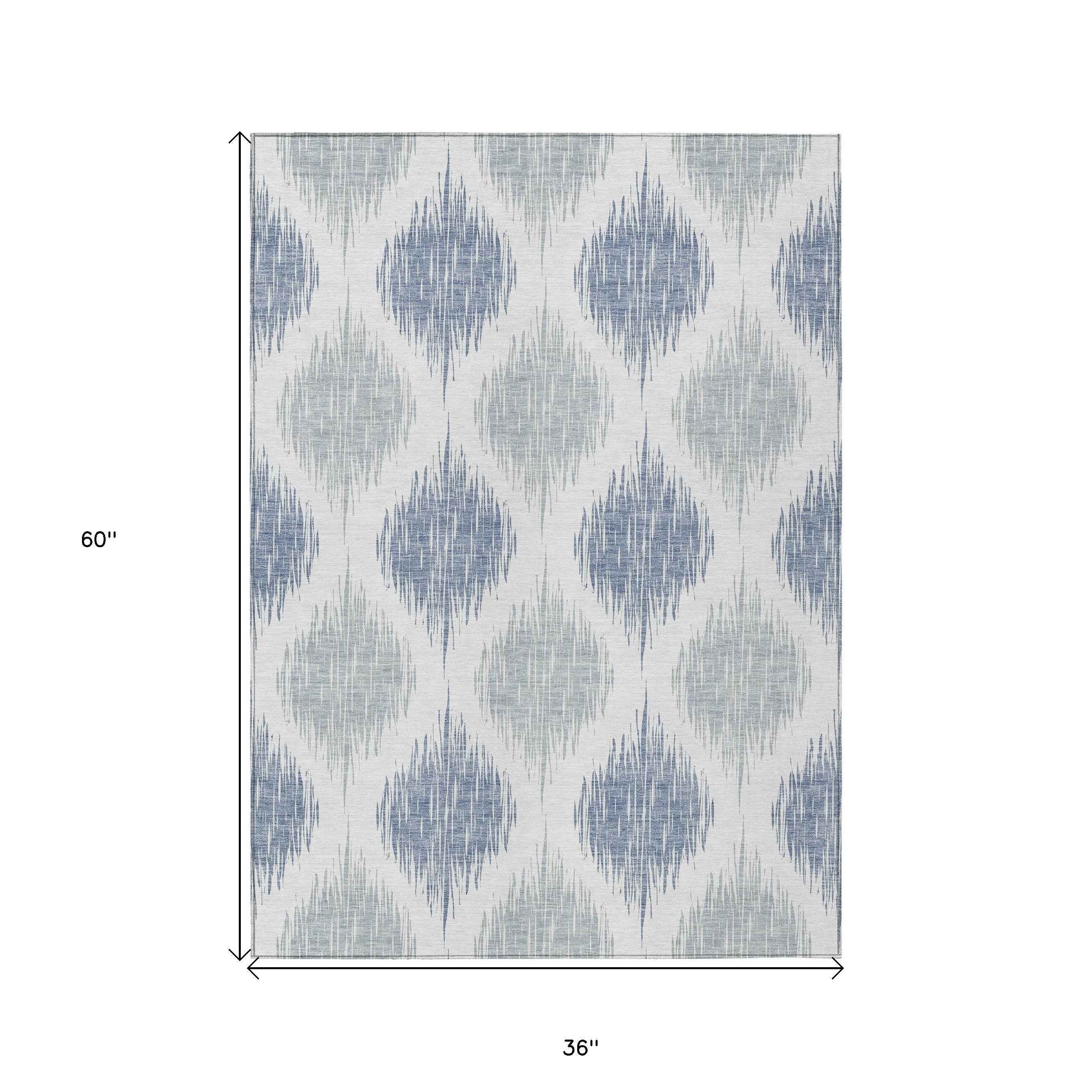 3' X 5' Sky Blue Ivory And Denim Blue Ikat Washable Indoor Outdoor Area Rug