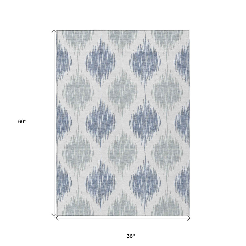 3' X 5' Sky Blue Ivory And Denim Blue Ikat Washable Indoor Outdoor Area Rug