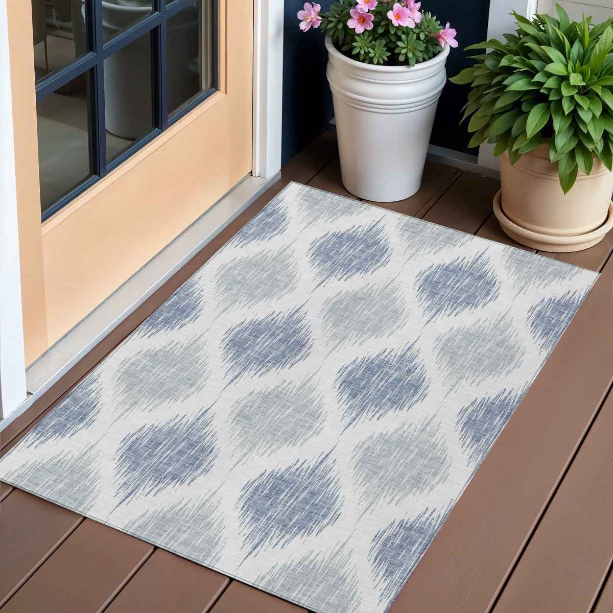 3' X 5' Sky Blue Ivory And Denim Blue Ikat Washable Indoor Outdoor Area Rug