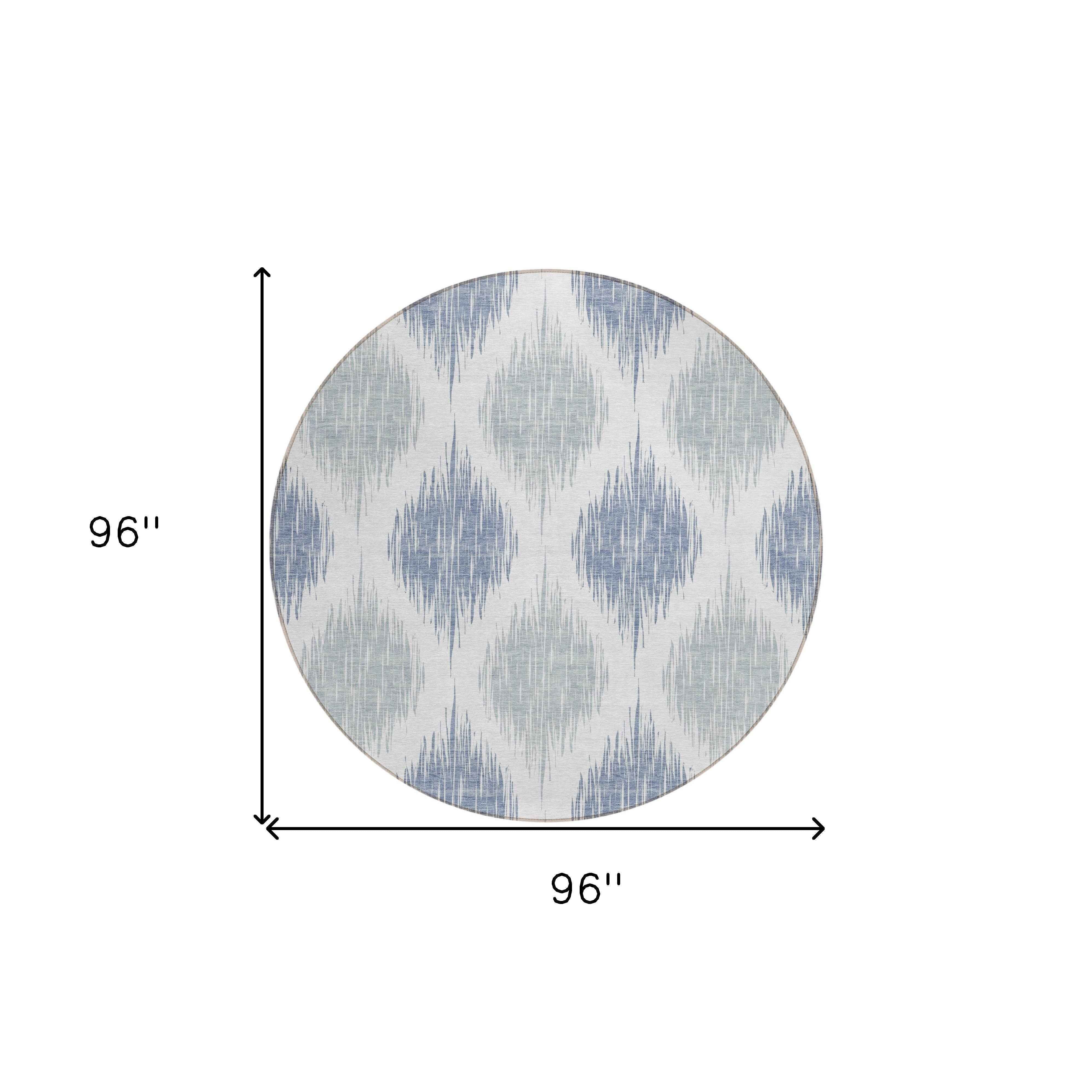 8' Sky Blue Ivory And Denim Blue Round Ikat Washable Indoor Outdoor Area Rug