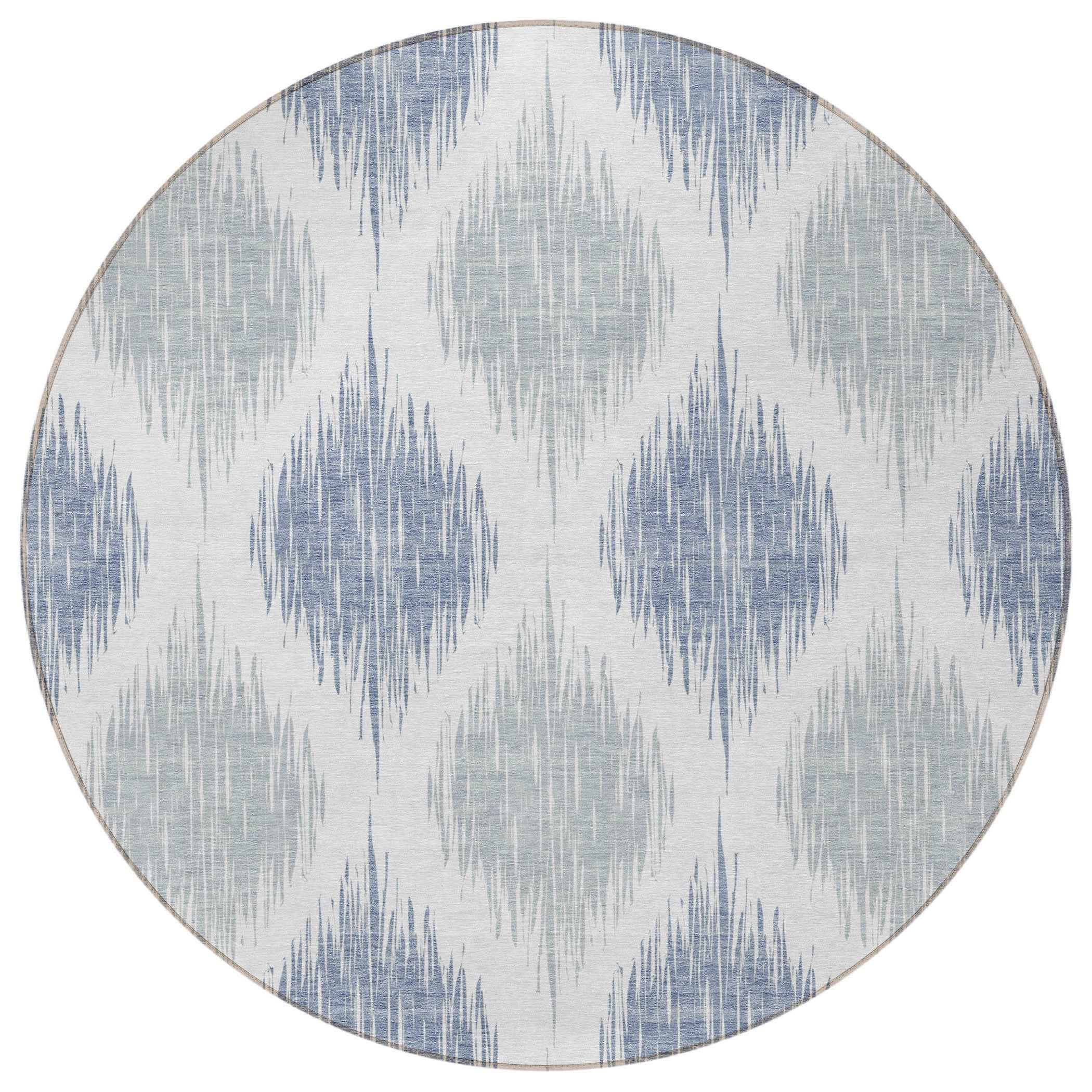 8' Sky Blue Ivory And Denim Blue Round Ikat Washable Indoor Outdoor Area Rug