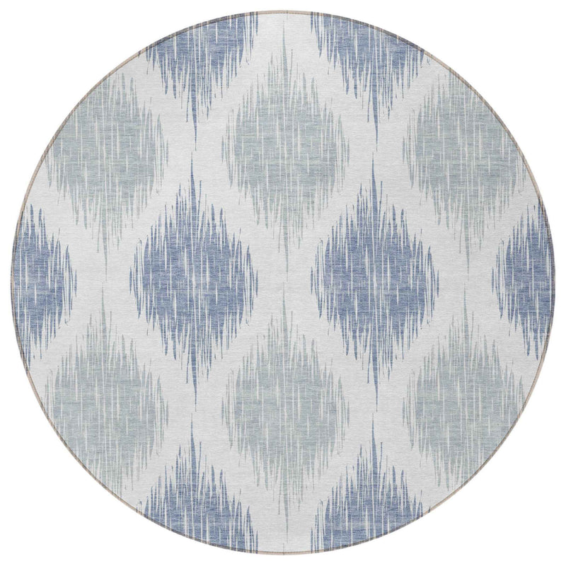 8' Sky Blue Ivory And Denim Blue Round Ikat Washable Indoor Outdoor Area Rug