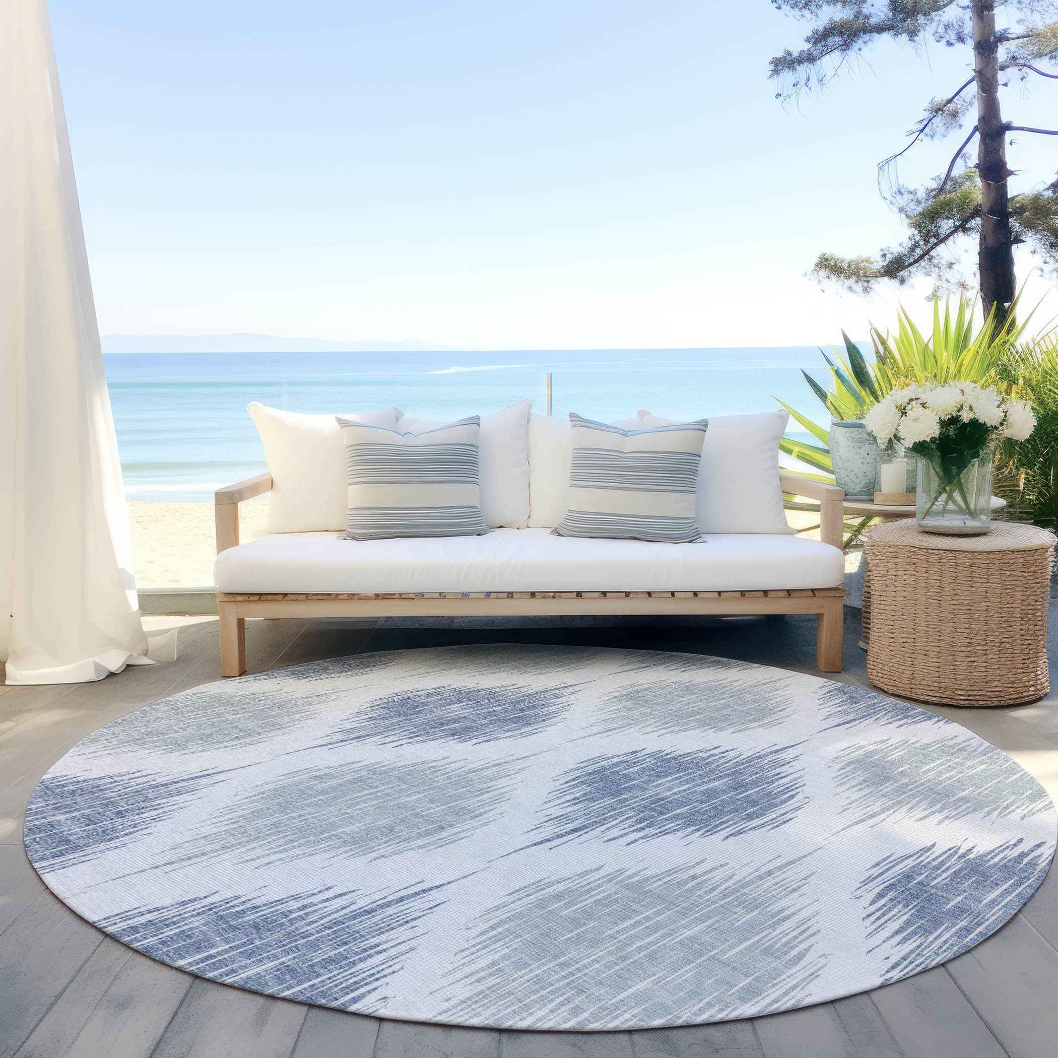 8' Sky Blue Ivory And Denim Blue Round Ikat Washable Indoor Outdoor Area Rug