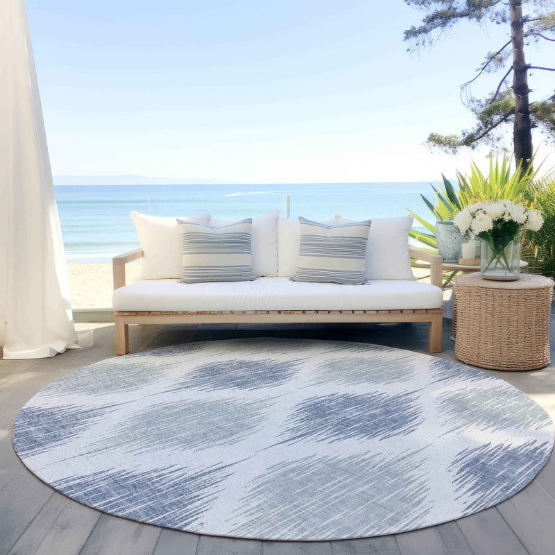 8' Sky Blue Ivory And Denim Blue Round Ikat Washable Indoor Outdoor Area Rug