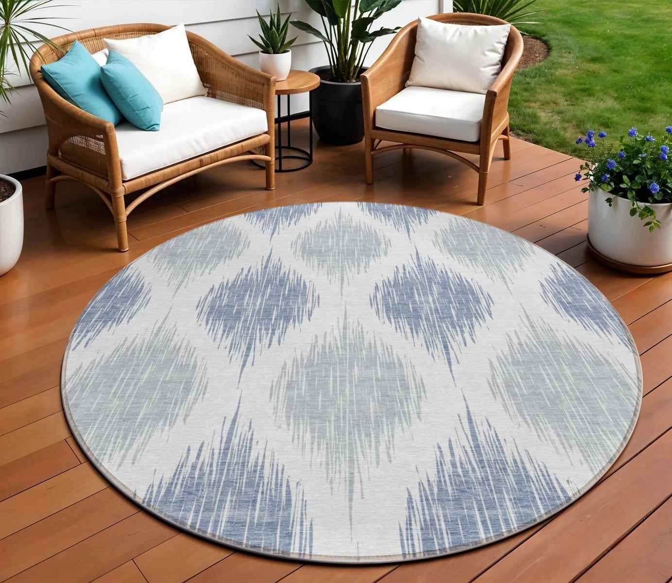 8' Sky Blue Ivory And Denim Blue Round Ikat Washable Indoor Outdoor Area Rug