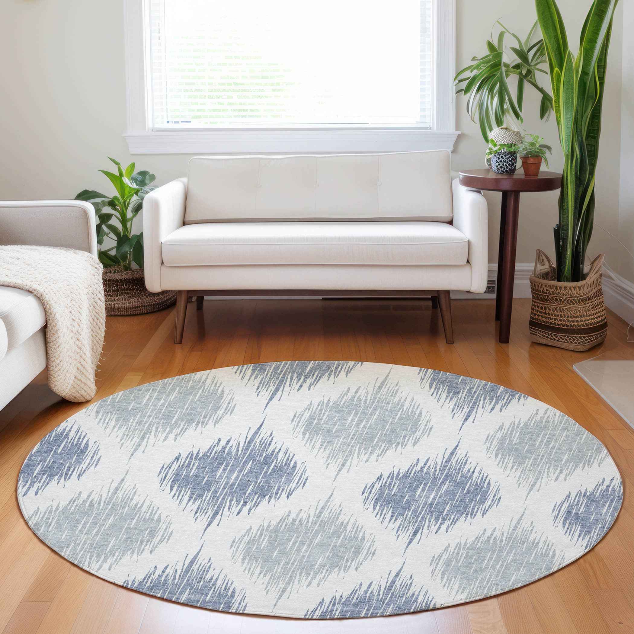 8' Sky Blue Ivory And Denim Blue Round Ikat Washable Indoor Outdoor Area Rug