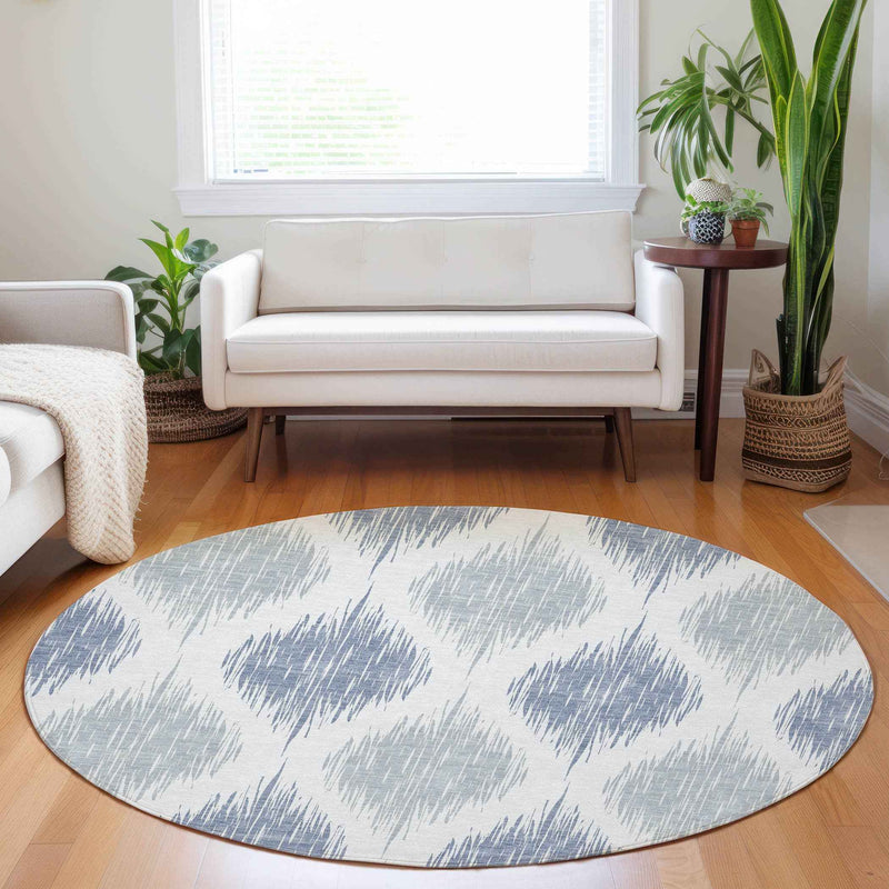 8' Sky Blue Ivory And Denim Blue Round Ikat Washable Indoor Outdoor Area Rug
