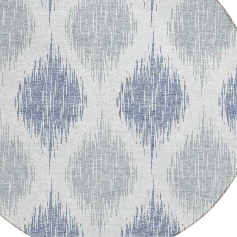 8' Sky Blue Ivory And Denim Blue Round Ikat Washable Indoor Outdoor Area Rug