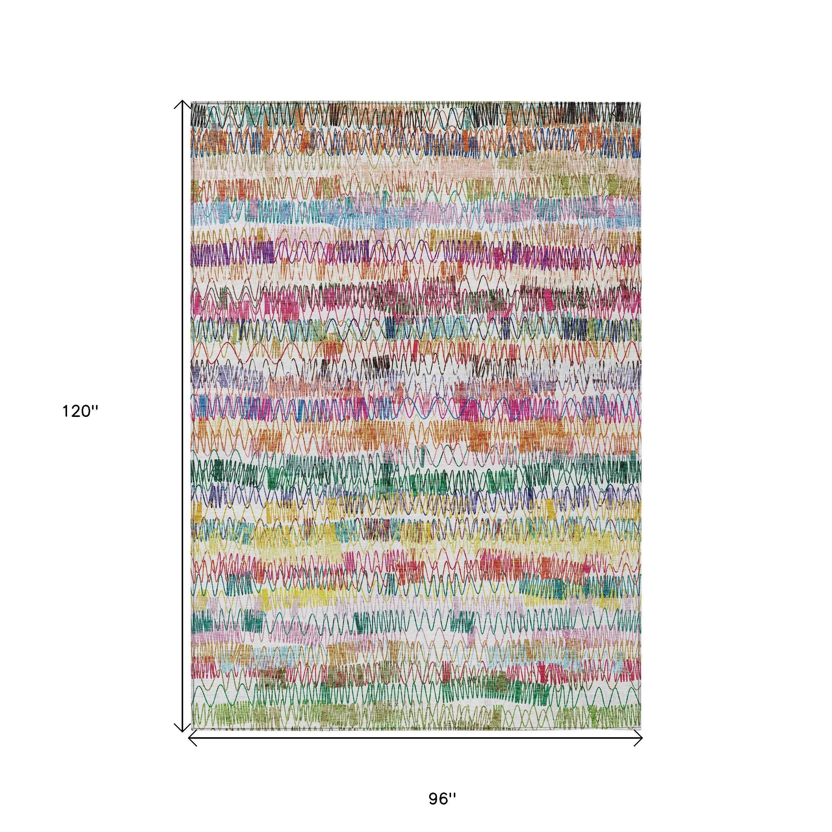 8' X 10' Green Ivory And Purple Striped Washable Indoor Outdoor Area Rug