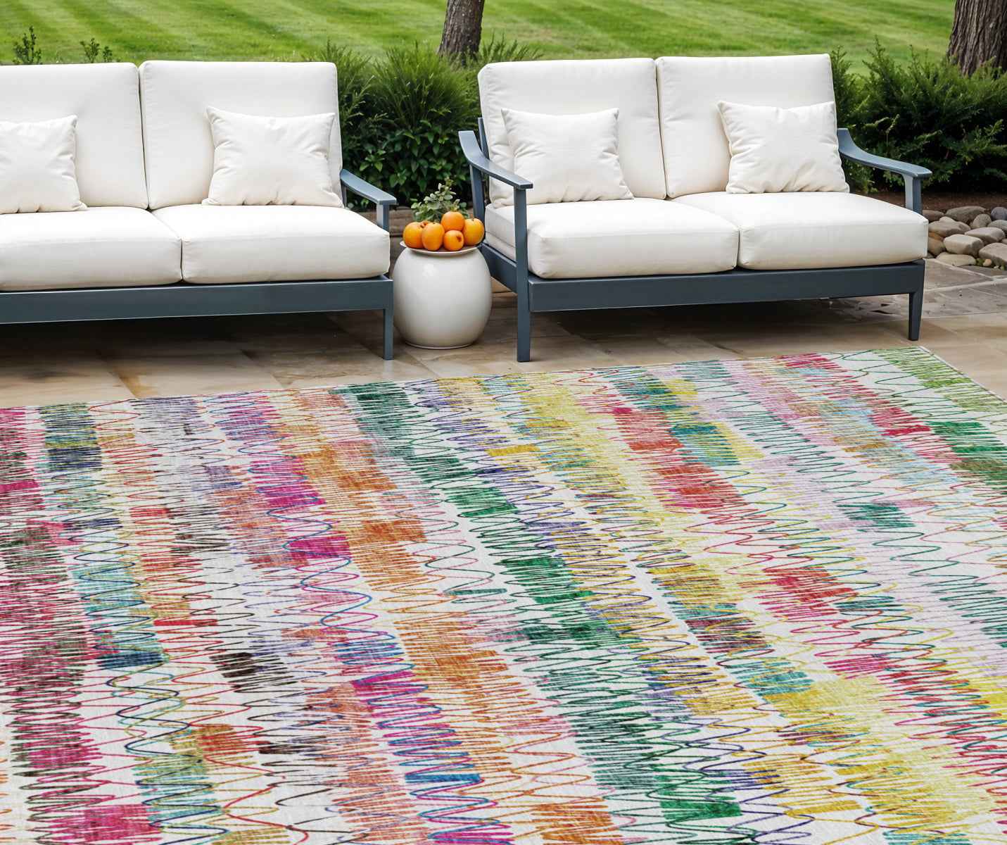 8' X 10' Green Ivory And Purple Striped Washable Indoor Outdoor Area Rug
