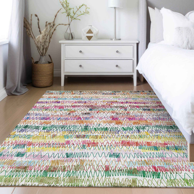 8' X 10' Green Ivory And Purple Striped Washable Indoor Outdoor Area Rug