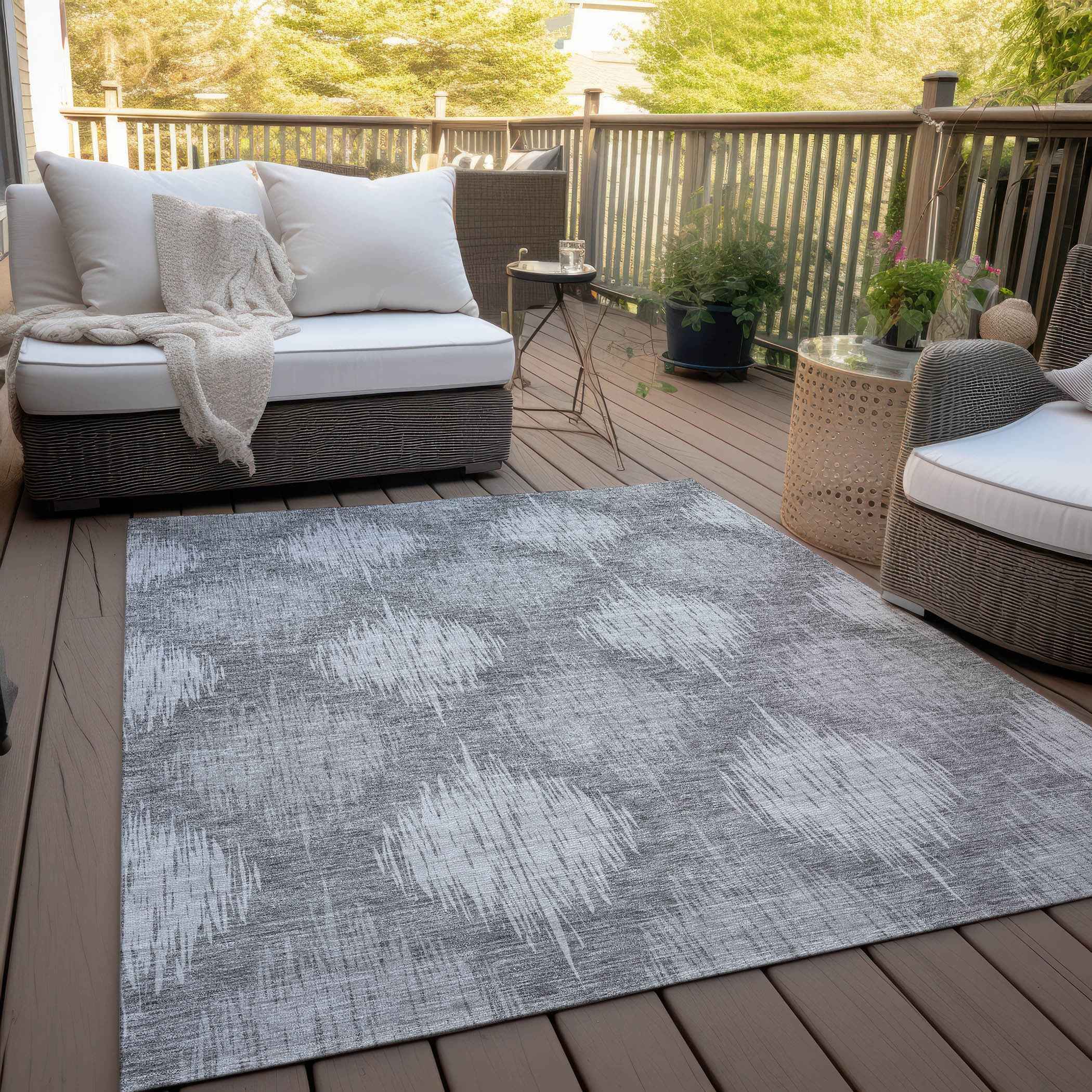 9' X 12' Gray Silver And Charcoal Ikat Washable Indoor Outdoor Area Rug